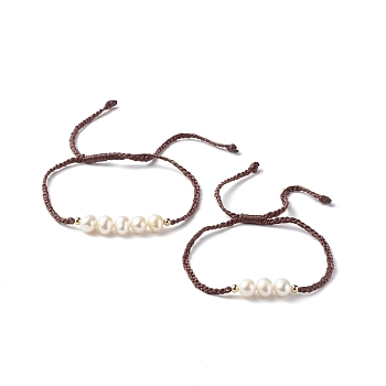 Adjustable Nylon Thread Cord Bracelets Sets for Mom & Daughter, with Natural Pearl Beads and Brass Spacer Beads, Saddle Brown, 0.25cm, Inner Diameter: 1.18~3.66 inch(30~93mm), 0.59~2.80 inch(15~71mm), 2pcs/set