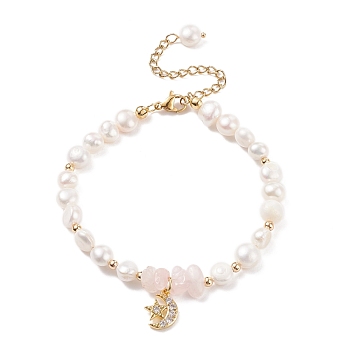 Natural Rose Quartz Chips & Pearl Beaded Bracelet, Clear Cubic Zirconia Moon & Star Charm Bracelet for Women, Golden, 7-5/8 inch(19.5cm)