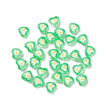 Transparent Glass Beads, with Enamel, Heart with Flower Pattern, Lime Green, 12x12x6.5mm, Hole: 0.9mm