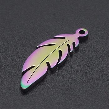 Ion Plating(IP) 201 Stainless Steel Pendants, Feather, Laser Cut, Rainbow Color, 20x6.5x1mm, Hole: 1mm
