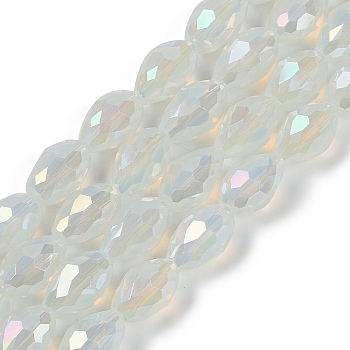 Opaque Solid Color Electroplate Glass Beads Strands, AB Color Plated, Faceted, Teardrop, Floral White, 8x6mm, Hole: 1.2mm, about 65~67pcs/strand, 20.08 inch(51cm)