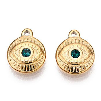 Teal Glass Pendants, with PVD Vacuum Plating 201 Stainless Steel Findings, Flat Round with Evil Eye, Real 18K Gold Plated, 13.5x11x3mm, Hole: 1.6mm