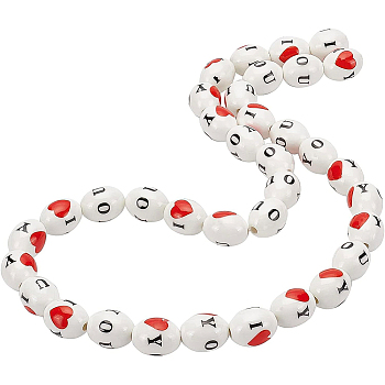 BENECREAT Handmade Porcelain Ceramic Beads Strands, Printed, Oval with Heart & Word, White, 17x13mm, Hole: 2.5mm, about 18pcs/strand, 12 inches(30.5cm), 2 strands