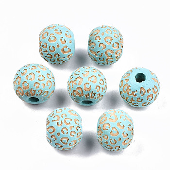 Painted Natural Wood Beads, Laser Engraved Pattern, Round with Leopard Print, Cyan, 10x8.5mm, Hole: 2.5mm