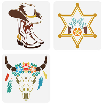 3Pcs 3 Styles PET Hollow Out Drawing Painting Stencils, for DIY Scrapbook, Photo Album, Western Cowboy Theme, 300x300mm, 1pc/style