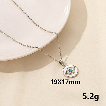 Stylish Stainless Steel Rhinestones Flat Round with Evil Eye Pendant Necklace, Hip-hop Street Fashion