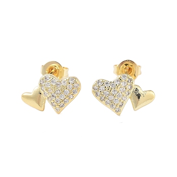 Brass Micro Pave Clear Cubic Zirconia Heart Stud Earrings for Women, Real 18K Gold Plated, 8x12.5mm