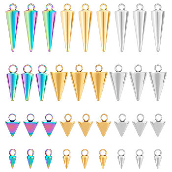 48Pcs 12 Styles 201 & 304 Stainless Steel Pendants, Spike/Cone Charm, Mixed Color, 6.5~18.5x3~7mm, Hole: 1.5~2mm, 4pcs/style