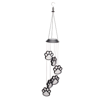 LED Solar Powered Paw Print Wind Chime, Waterproof, with Resin and Iron Findings, for Outdoor, Garden, Yard, Festival Decoration, Pet Theme, Black, 825mm
