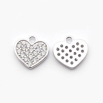 Brass Micro Pave Cubic Zirconia Heart Pendants, Cadmium Free & Nickel Free & Lead Free, Real Platinum Plated, 9x9x1mm, Hole: 1mm