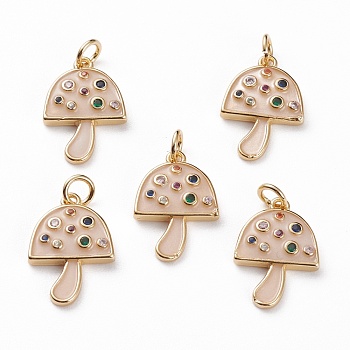Brass Micro Pave Colorful Cubic Zirconia Pendants, with Enamel and Jump Rings, Mushroom, Real 18K Gold Plated, 17x11.5x2.5mm, Jump Ring: 5x1mm, 3mm Inner Diameter