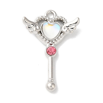 Rack Plating Alloy Pendants, with Glass and Rhinestone, Cadmium Free & Nickel Free & Lead Free, Heart, Platinum, Pink, 26x17x4mm, Hole: 1.6mm