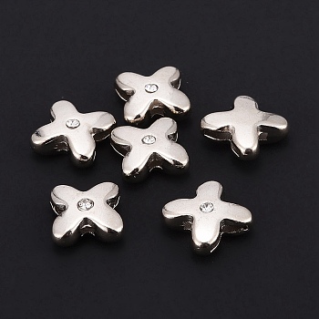 Letter Slider Beads for Watch Band Bracelet Making, Platinum Plated Alloy Crystal Rhinestone Slide Charms, Cadmium Free & Nickel Free & Lead Free, Letter.X, 11~13x9~11.5x4~5mm, Hole: 7.5~8x1mm