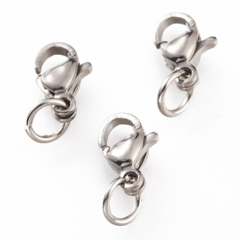 304 Stainless Steel Lobster Claw Clasps, With Jump Ring, Stainless Steel Color, 9x5.5x3.5mm, Hole: 3mm, Jump Ring: 5x0.6mm