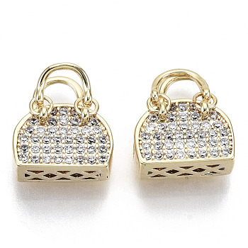 Brass Micro Pave Cubic Clear Zirconia Charms, Nickel Free, Handbag, Real 18K Gold Plated, Clear, 7x10x4.5mm, Hole: 4mm