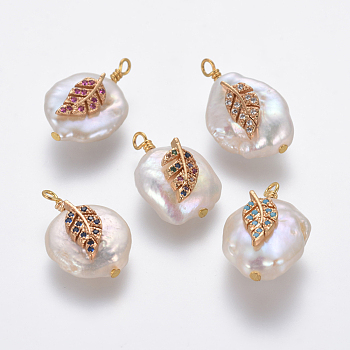 Natural Cultured Freshwater Pearl Pendants, with Brass Micro Pave Cubic Zirconia Findings, Nuggets with Leaf, Golden, Mixed Color, 18~24x13~15x8~10mm, Hole: 1.8mm