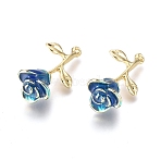 Alloy Pendants, with Enamel, Rose Flower, Golden, Steel Blue, 27x14x9mm, Hole: 1.4mm(X-ENAM-R053-003A)
