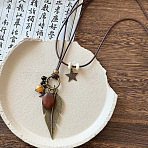 Bohemian Style Alloy & Wood Oval Pendant Waxed Cord Double Layer Necklaces for Women, Antique Bronze, Feather, 19.69~23.62 inch(50~60cm)(FS-WGAC101-01)
