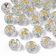 Transparent Acrylic Beads, Horizontal Hole, with Glitter Powder, Metal Enlaced, Flat Round with Letters, Flat Round, 10x6mm, Hole: 2mm, about 1550pcs/500g(TACR-N010-001)