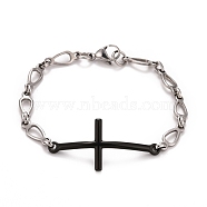 304 Stainless Steel Cross Link Bracelet with Teardrop chains for Men Women, Electrophoresis Black & Stainless Steel Color, 8-3/4 inch(22.2cm)(STAS-E160-27EBP)