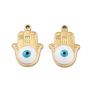 Ion Plating(IP) 316 Stainless Steel Enamel Pendants, Hamsa Hand with Evil Eye Charm, Real 18K Gold Plated, White, 17.5x13x3mm, Hole: 1.4mm(STAS-U014-72G-01)