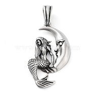 304 Stainless Steel Big Pendants, Moon with Mermaid Charm, Antique Silver, 50x25x4.8mm, Hole: 7.2x4.8mm(STAS-R225-09AS)
