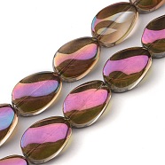 Transparent Electroplate Glass Bead Strands, Rainbow Plated, Teardrop, Fuchsia, 18.5x12.5x6mm, Hole: 1mm, about 40pcs/strand, 29.29 inch(74.4cm)(EGLA-C001-FR06)