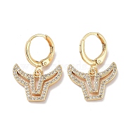 Real 18K Gold Plated Brass Dangle Leverback Earrings, with Cubic Zirconia, Cattle, Clear, 24.5x17mm(EJEW-L269-020G)
