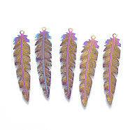 Ion Plating(IP) 304 Stainless Steel Filigree Pendants, Etched Metal Embellishments, Leaf, Rainbow Color, 41.5x9x0.4mm, Hole: 1.2mm(STAS-T057-11)