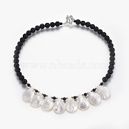 Spiral Shell Bib Necklaces, with Non-magnetic Synthetic Hematite Beads, Natural Lava Rock Beads and Alloy Toggle Clasps, Burlap Drawstring Bags, Black, 18.8 inch(48cm), Shell: 23~25x18x3~4mm(NJEW-JN02315)