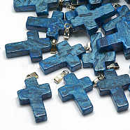 Dyed Natural Blue Agate Pendants, with Stainless Steel Snap On Bails, Cross, 29~30x18~19x5~6mm, Hole: 6x4mm(G-T080-25)