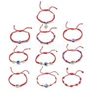 10Pcs 10 Style Resin Evil Eye Braided Bead Bracelets Set, Hamsa Hand & Turtoise & Elephant Alloy Link Adjustable Bracelets for Women, Red, Inner Diameter: 1-1/2~3 inch(3.9~7.65cm), 1Pc/style(BJEW-JB08339)