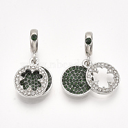 Alloy European Dangle Charms, with Rhinestone, Large Hole Pendants, Flat RoundEmerald & Crystal with Clover, Emerald & Crystal, Platinum, 27mm, Hole: 5mm(MPDL-S067-028P)