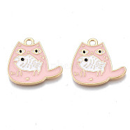 Alloy Enamel Pendants, Cadmium Free & Nickel Free & Lead Free, Light Gold, Cat with Fish, Pink, 18.5x20x1.5mm, Hole: 2mm(PALLOY-N170-024B-NR)