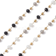 Handmade Glass Beaded Chains, Faceted, Unwelded, with 304 Stainless Steel Chains, Golden, Round, Black, 2~3x2~2.5mm(CHS-P016-45G-01)