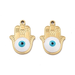 Ion Plating(IP) 316 Stainless Steel Enamel Pendants, Hamsa Hand with Evil Eye Charm, Real 18K Gold Plated, White, 17.5x13x3mm, Hole: 1.4mm(STAS-U014-72G-01)