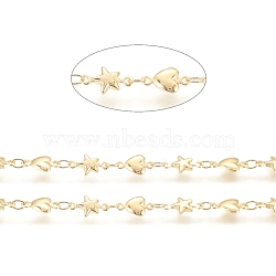 3.28 Feet Brass Link Chain, Long-Lasting Plated, Soldered, Star and Heart, Real 18K Gold Plated, 3.5x3x0.5mm, Star: 10.5x6x2mm, Heart: 10x5.5x2mm(X-CHC-G011-06G)