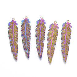 Ion Plating(IP) 304 Stainless Steel Filigree Pendants, Etched Metal Embellishments, Leaf, Rainbow Color, 41.5x9x0.4mm, Hole: 1.2mm(STAS-T057-11)