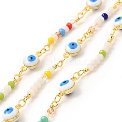 Brass Flat Round Link Chains, with Colorful Enamel Evil Eye & Glass Round Beaded, Lead Free & Cadmium Free, Soldered, with Spool, Real 18K Gold Plated, 12x6.5x4.5mm, 26x3mm(CHC-G017-24G)