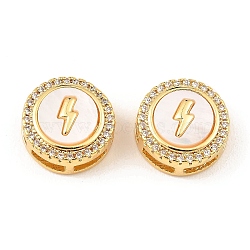 Brass Micro Pave Clear Cubic Zirconia Slide Charms, with Shell, Long-Lasting Plated, Lead Free & Cadmium Free, Real 18K Gold Plated, Flat Round, Lightning Bolt, 13x5.5mm, Hole: 5x2mm(KK-K342-09G-02)