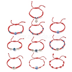 10Pcs 10 Style Resin Evil Eye Braided Bead Bracelets Set, Hamsa Hand & Turtoise & Elephant Alloy Link Adjustable Bracelets for Women, Red, Inner Diameter: 1-1/2~3 inch(3.9~7.65cm), 1Pc/style(BJEW-JB08339)