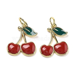 Brass Enamel Pendants, with Jump Ring, Cherry Charm, Real 18K Gold Plated, 16.5x14x2.5mm, Hole: 3mm(KK-U060-30G)