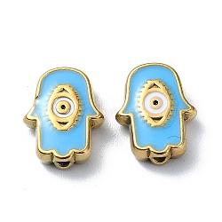 Ion Plating(IP) 304 Stainless Steel Enamel Beads, Real 18K Gold Plated, Hamsa Hand with Eye, Light Sky Blue, 9x12x3.5mm, Hole: 1.2mm(STAS-Q318-10C)