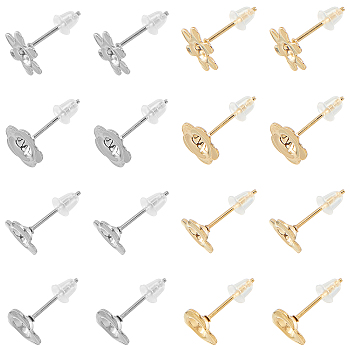 80Pcs 8 Style 304 Stainless Steel Stud Earring Settings, Flower, with 100Pcs Plastic Ear Nuts, Golden & Stainless Steel Color, 13mm, Pin: 0.7mm, Tray: 3mm, 10Pcs/style