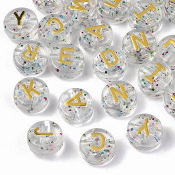 Transparent Acrylic Beads, Horizontal Hole, with Glitter Powder, Metal Enlaced, Flat Round with Letters, Flat Round, 10x6mm, Hole: 2mm, about 1550pcs/500g
