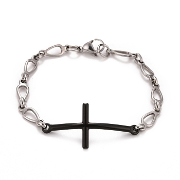 304 Stainless Steel Cross Link Bracelet with Teardrop chains for Men Women, Electrophoresis Black & Stainless Steel Color, 8-3/4 inch(22.2cm)