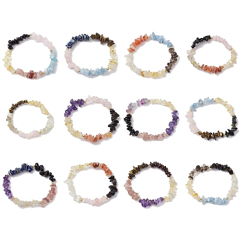 12Pcs 12 Styles Constellations Guardian Gemstone Stretch Bracelets, Chip, Inner Diameter: 2-1/4 inch(5.65cm)