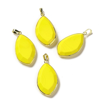 Glass Pendants, with Golden Rack Plating Brass Findings, Oval Charms, Yellow, 36~36.5x19.5~20x6~6.5mm, Hole: 6.5x3.5mm