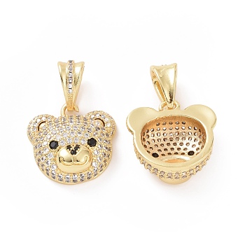 Brass Micro Pave Cubic Zirconia Pendants, Bear Head Charm, Real 18K Gold Plated, Clear, 19x19x8mm, Hole: 5x8mm