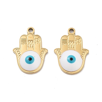 Ion Plating(IP) 316 Stainless Steel Enamel Pendants, Hamsa Hand with Evil Eye Charm, Real 18K Gold Plated, White, 17.5x13x3mm, Hole: 1.4mm